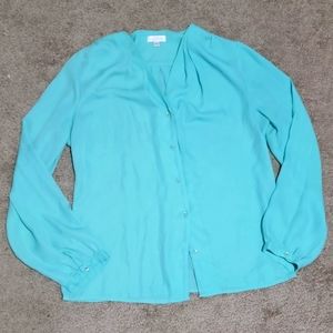 Charming Charlie Button Down V-neck Blouse Mint Blue Large